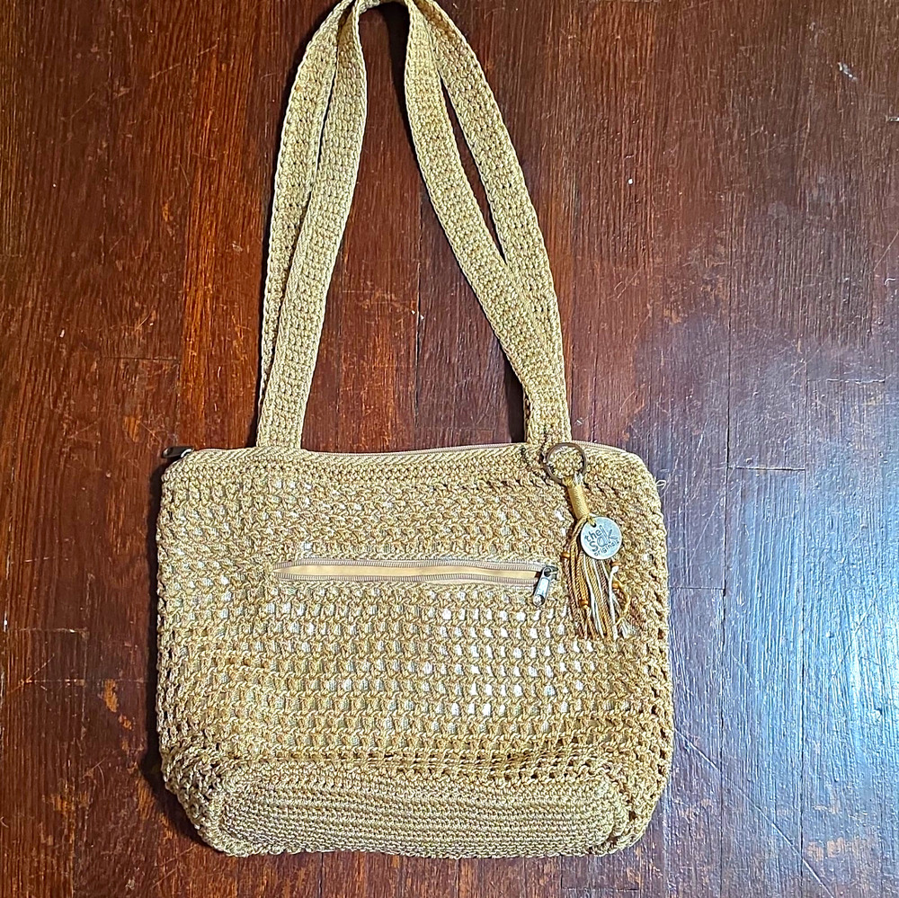 The Sak Beige Crochet Shoulder Bag Zip Closure Lined Beaded Charm